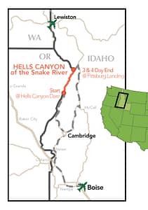 map of a 3 or 4 day hells canyon rafting trip on the snake river