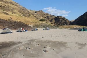 a big sandy beach on the salmon river set up for camp: 5 tents set up