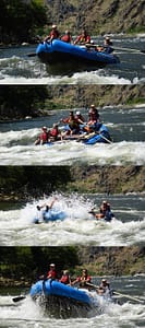 a 4 part photo of a boat with 4 kids going into a rapid in hells canyon.