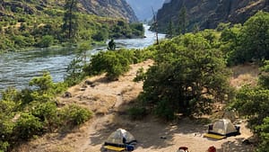 tents are setup riverside in hells canyon on a hells canyon whitewater rafting trip