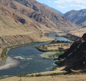 the Snake River snakes it's way through hells canyon as seen from a hiker above
