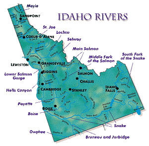 drawn map of idaho and its rivers and important river towns including cambridge, hells canyon and the lower salmon gorge